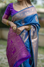 Thumbnail for Vishnu Weaves Women's Blue Banarasi Silk Saree with Blouse - Distacart