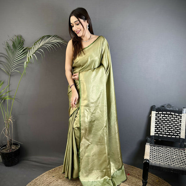 Joban Fashion Sage Green Floral Motifs & Ethnic Design Soft Satin Silk Kanchipuram Saree - Distacart