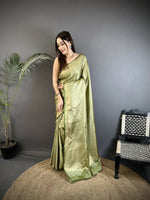 Thumbnail for Joban Fashion Sage Green Floral Motifs & Ethnic Design Soft Satin Silk Kanchipuram Saree - Distacart