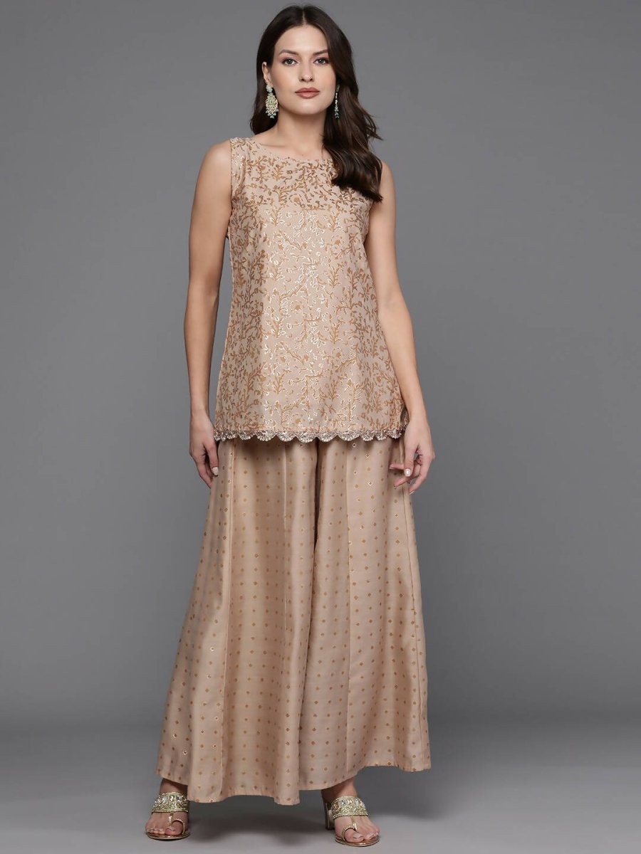 Ahalyaa Women Floral Printed Top with Palazzos - Tan Color - Distacart