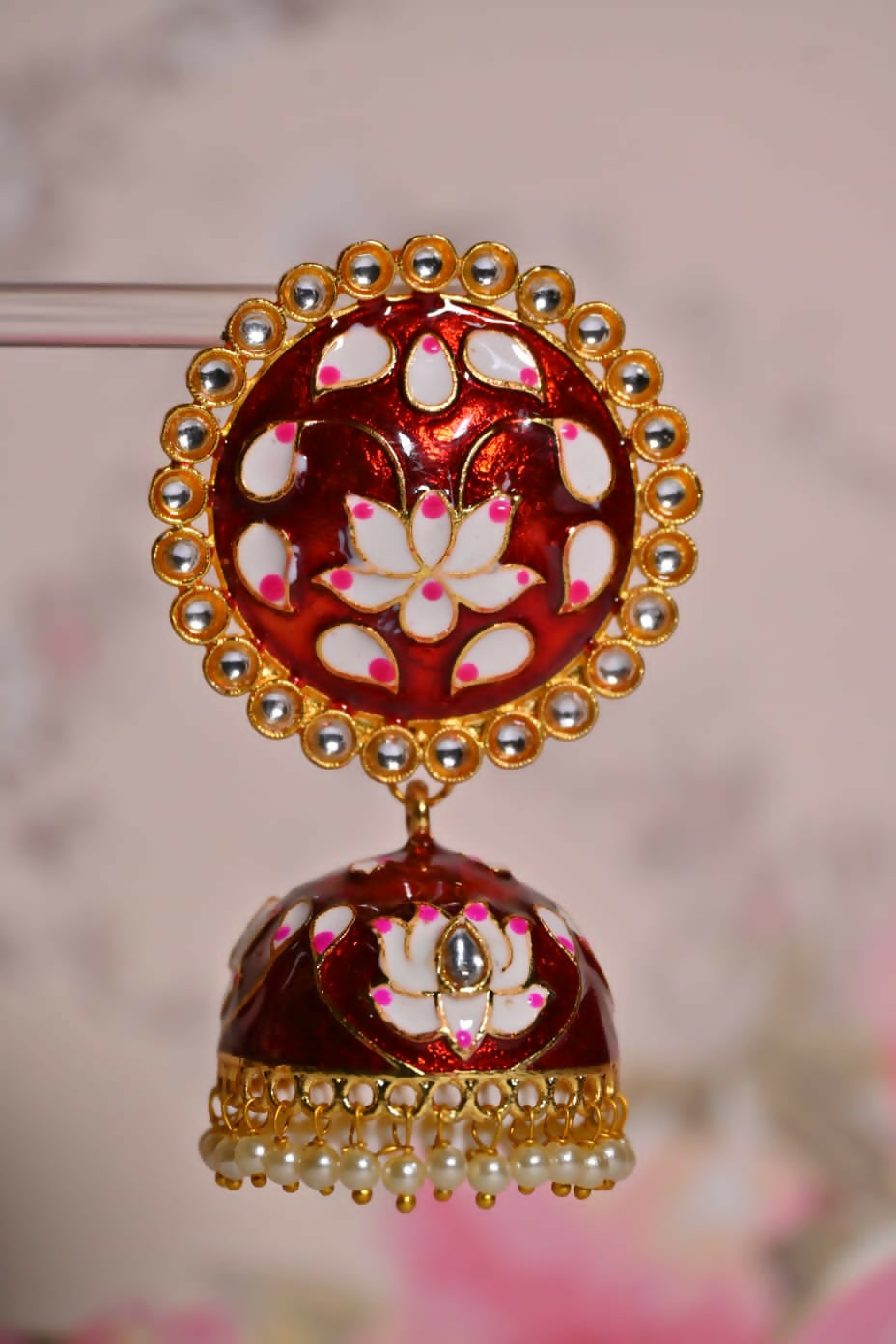 Maroon Round Shape Ethnic Meenakari Jhumki Earrings By House of Ree - Distacart