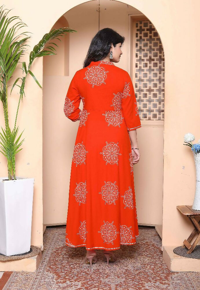 Miravan Womens Orange V-Neck Printed Anarkali Style Kurta - Distacart
