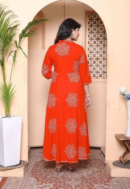 Miravan Womens Orange V-Neck Printed Anarkali Style Kurta - Distacart