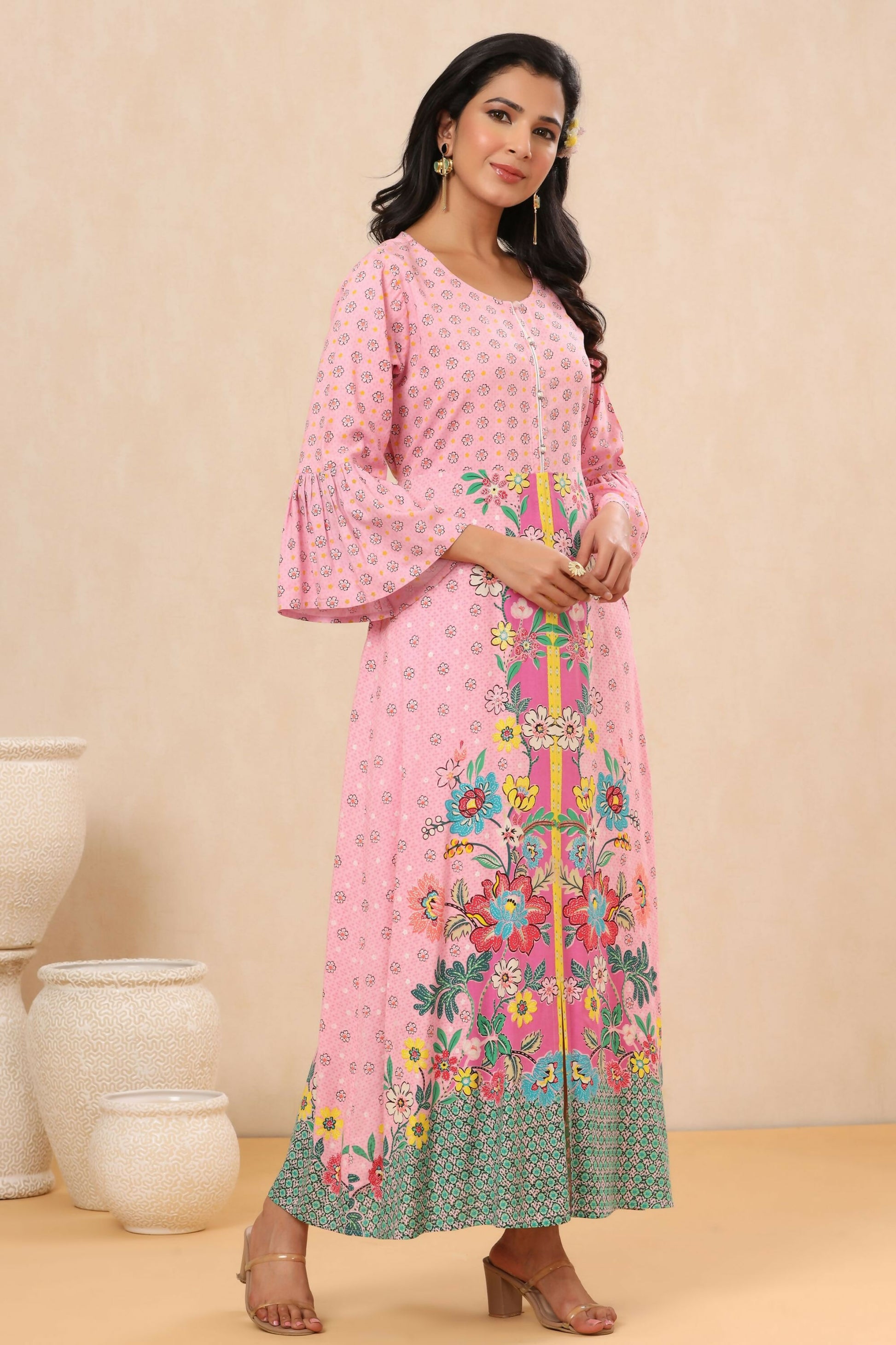 Juniper Pink Floral Printed Rayon Kurta With Buttons Closure At Back - Distacart