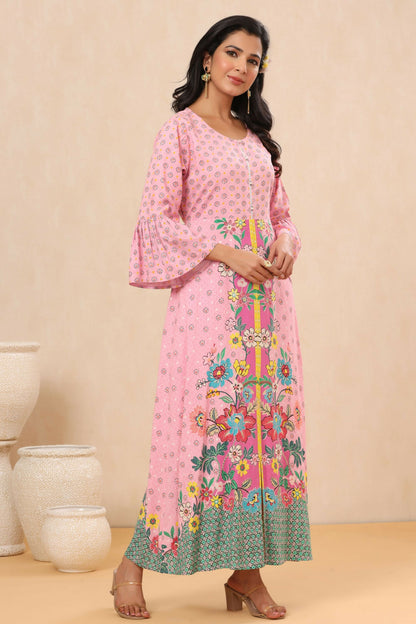 Juniper Pink Floral Printed Rayon Kurta With Buttons Closure At Back - Distacart