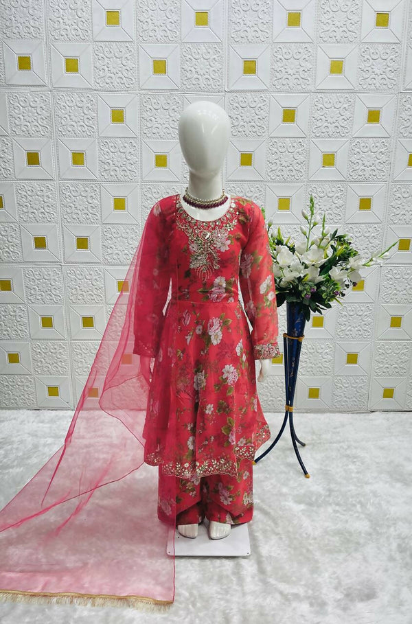 Divine Drape Girl's Faux Georgette Embroidery Anarkali Gown Pant With Dupatta - Red