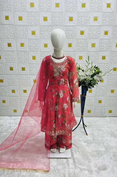 Divine Drape Girl's Faux Georgette Embroidery Anarkali Gown Pant With Dupatta - Red
