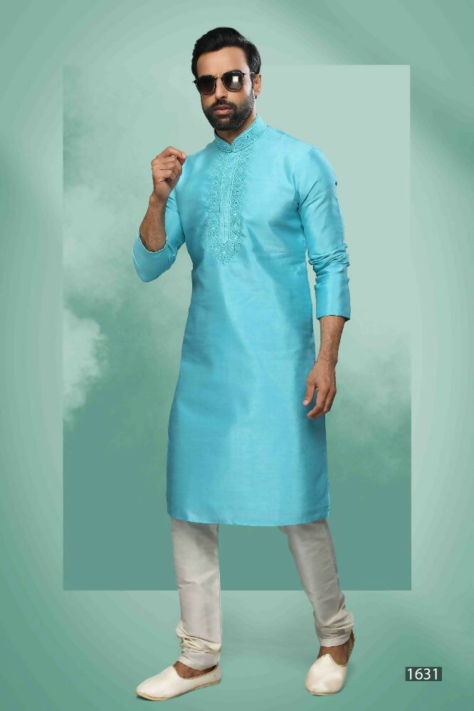 Raivat Ethnic Art Silk Mirror Embroidery Work Kurta Pajama In Sky Blue Colour - Dista