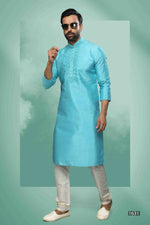 Thumbnail for Raivat Ethnic Art Silk Mirror Embroidery Work Kurta Pajama In Sky Blue Colour - Dista