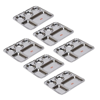 Sumeet Stainless Steel Rectangular 5 in 1 Compartment Lunch/Dinner Plate - small - Dista
