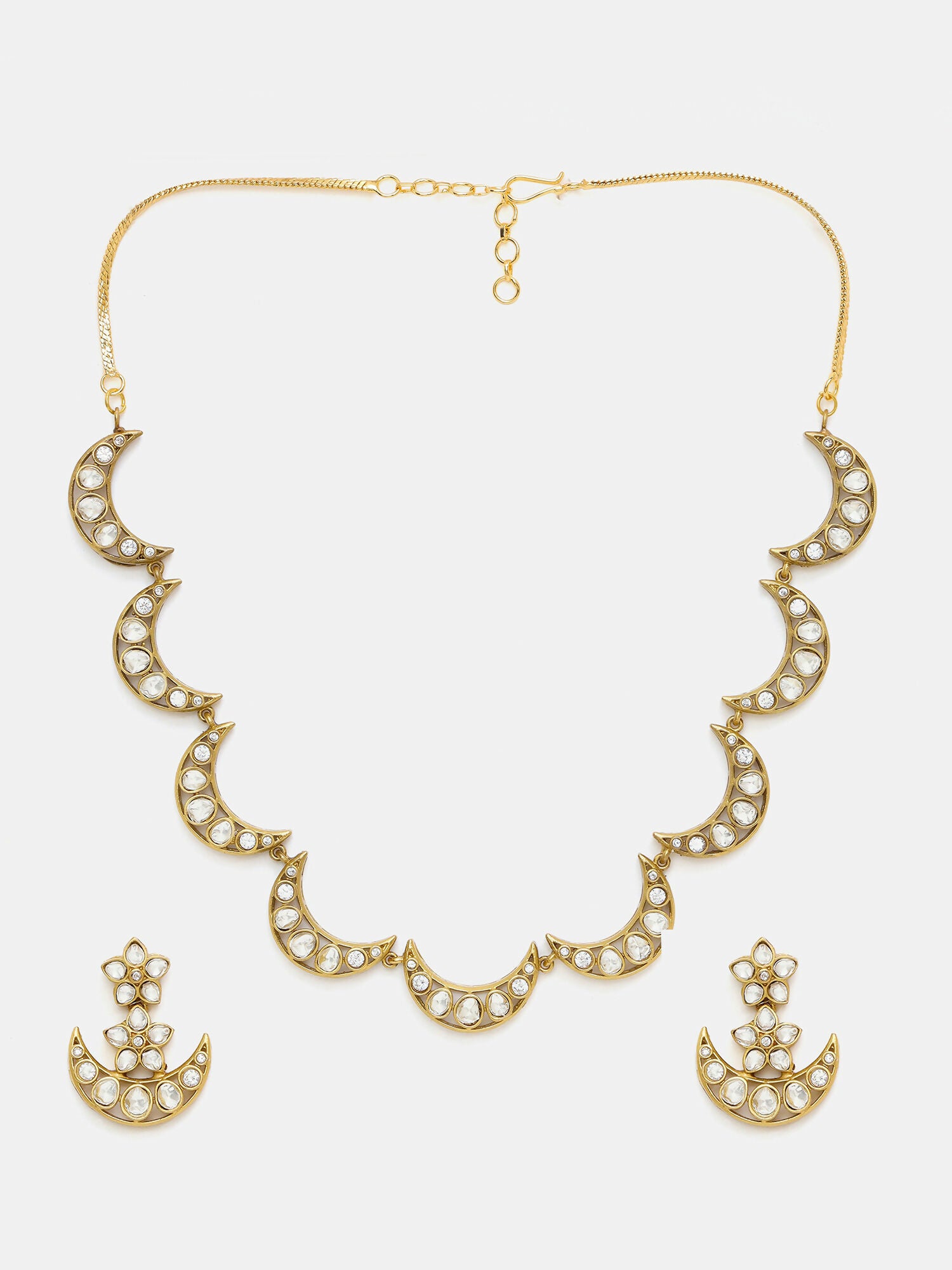 Ruby Raang Gold Polished Kundan Work Gold Half Moon Kundan Necklace With Earrings