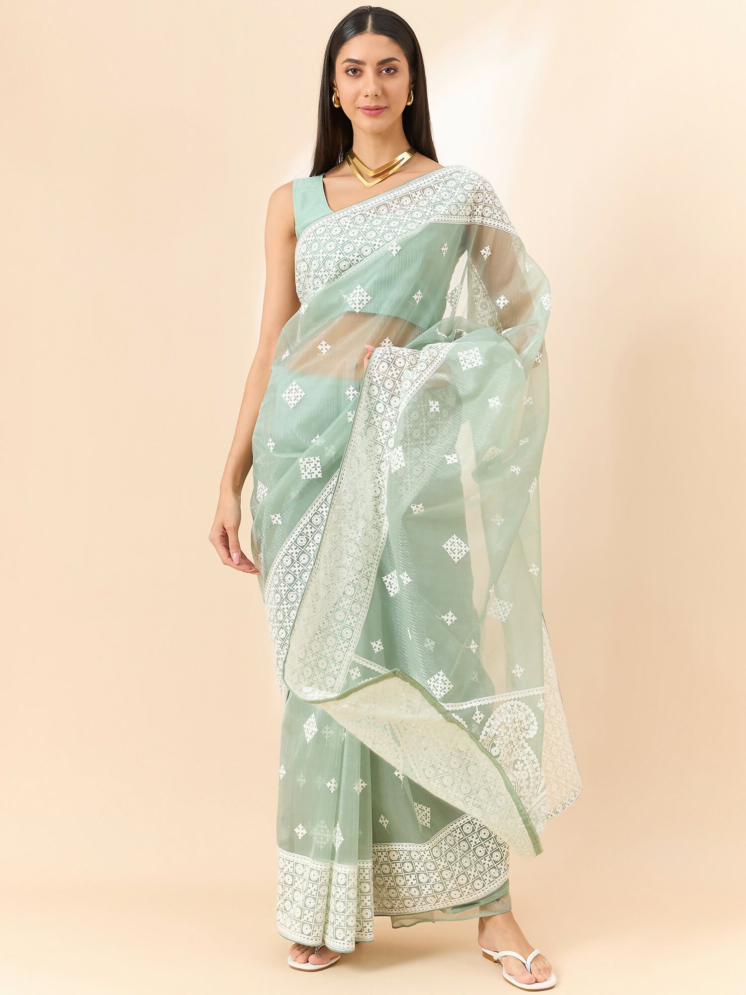 Green Organza Geometric Embroidered Saree with Unstitched Blouse Piece - Roozal - Distacart