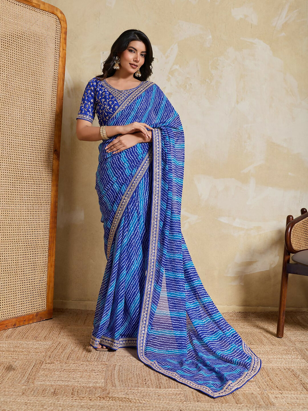 Teeya Creation New Trendy Leheriya Bandhani Georgette Saree For Daily Wear -Blue - Dista
