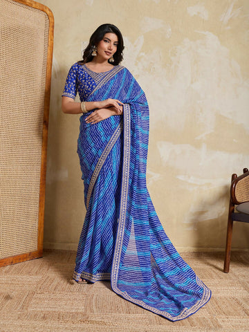 Teeya Creation New Trendy Leheriya Bandhani Georgette Saree For Daily Wear -Blue - Dista