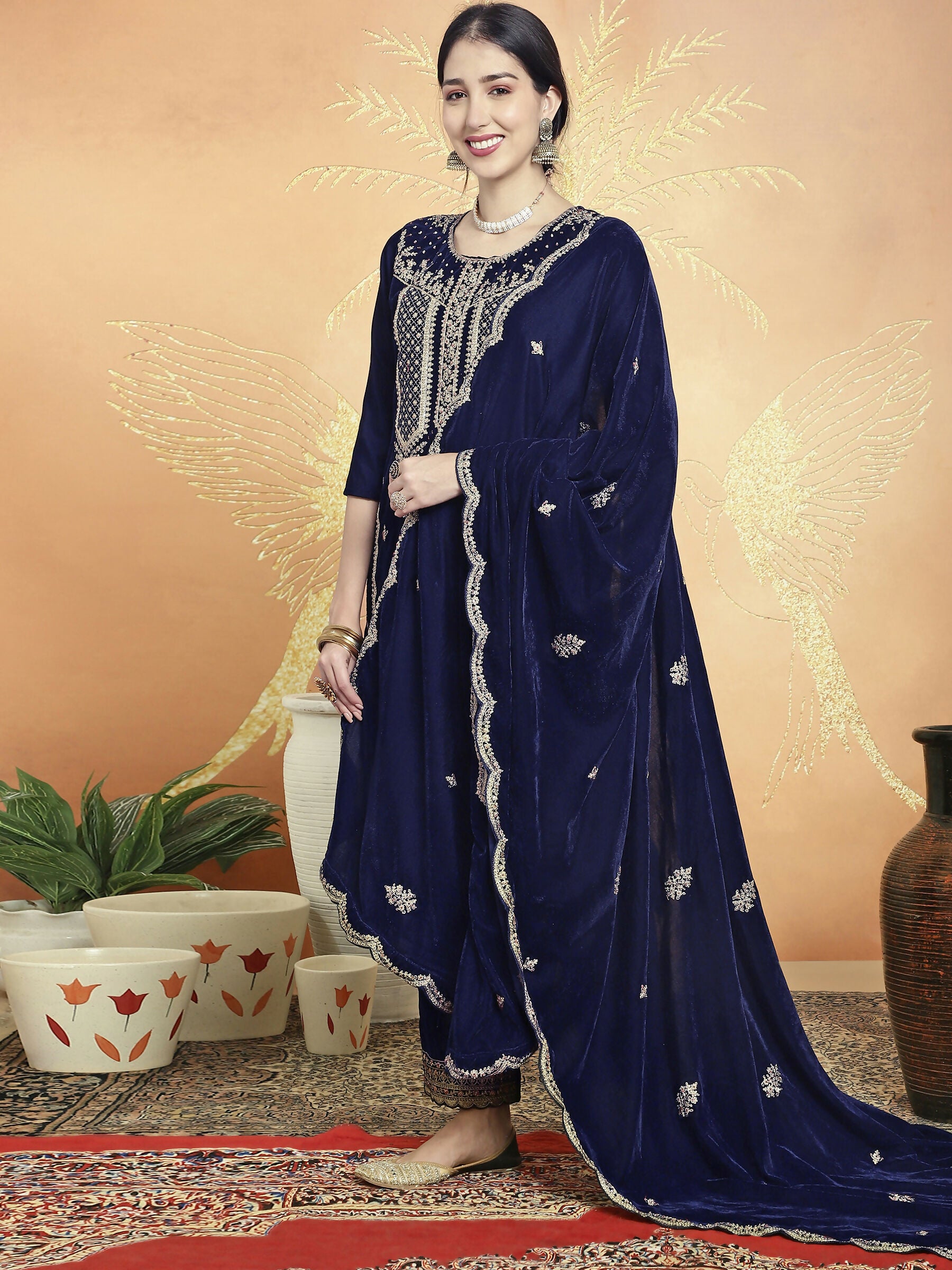 Jyoti Fashion Women's Navy Blue Velvet Cording with Resham Thread & Sequin Kurta with Trouser & Dupatta - Distacart