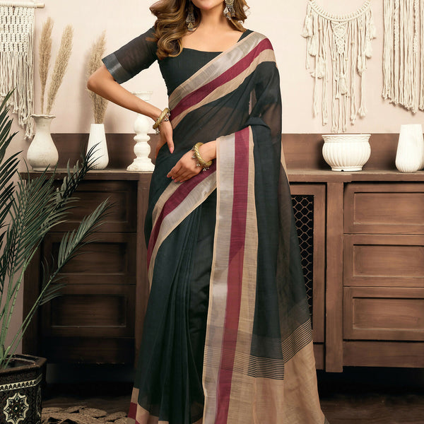 Joban Fashion  Black Solid Linen Ready To Wear Saree With Unstitched Blouse - Distacart