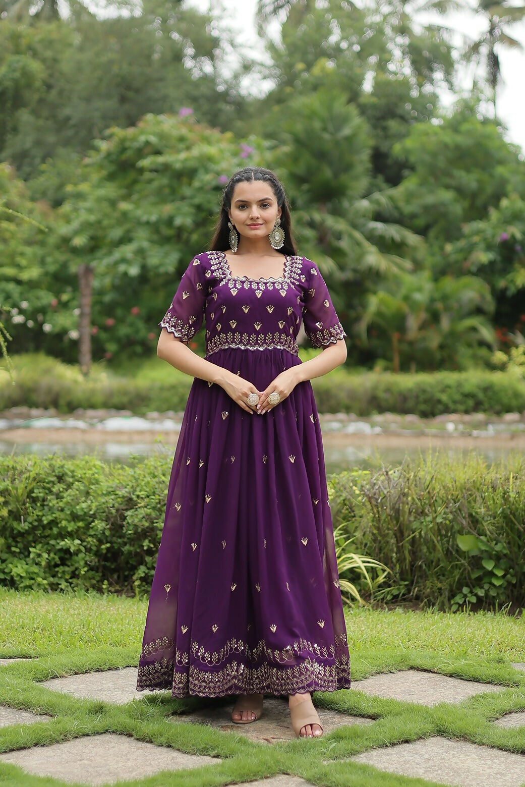Joban Fashion Purple Georgette Sequence Embroidery Work Gown