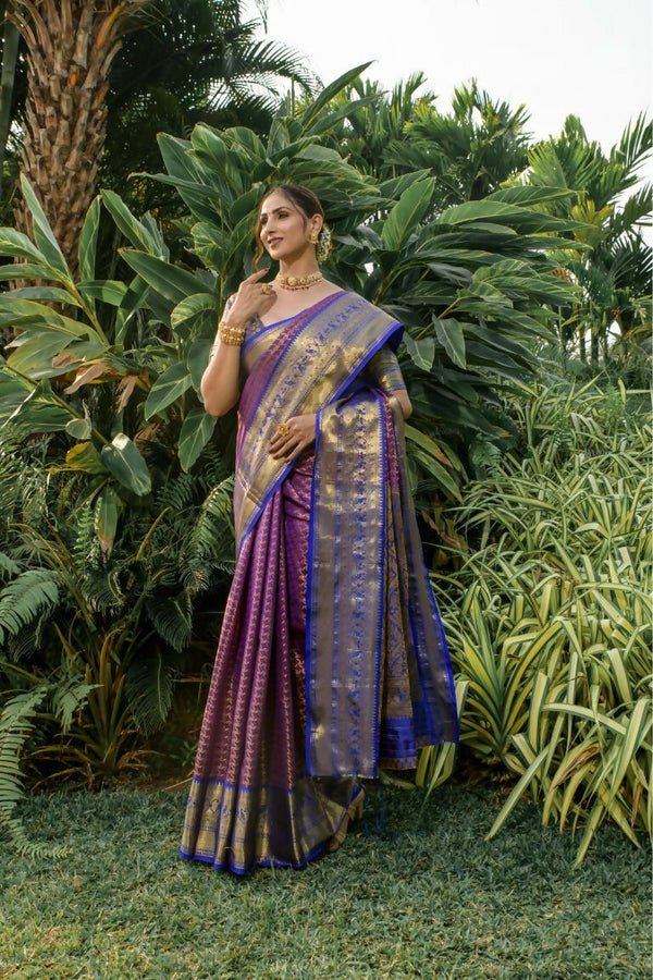 Jyoti Fashion Women's Purple Kanjivaram Silk Zari Woven Saree with Blouse - Distacart