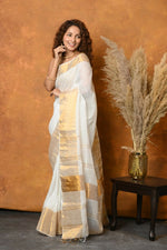 Thumbnail for Very Much Indian Handloom Pure Cotton Linen Saree With Golden Border - White - Distacart