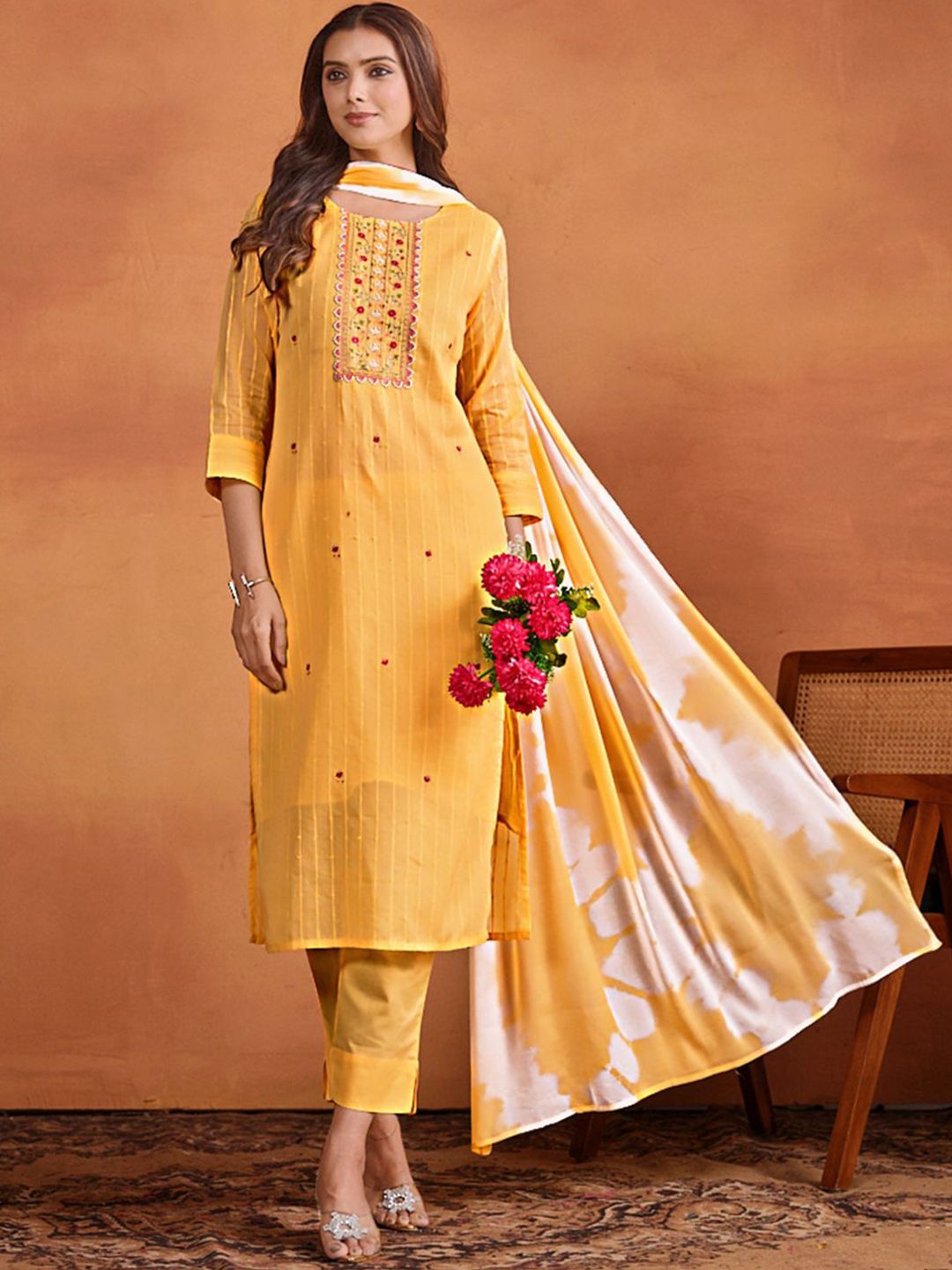 Sangria Ethnic Motifs Embroidered Thread Work Chanderi Silk Kurta with Trousers & Dupatta - Distacart
