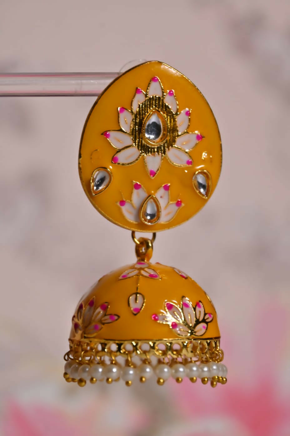 Yellow Hand Painted Ethnic Meenakari Jhumki Earrings By House of Ree - Distacart