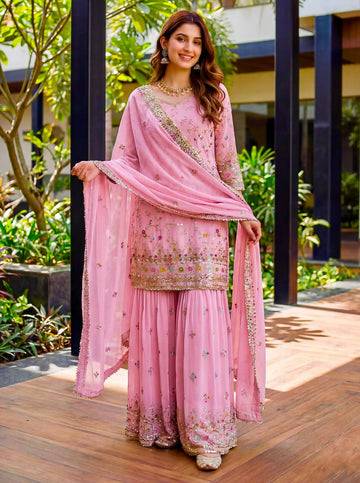 Teeya Creation Pink Faux Georgette Multi Thread Work Wedding Wear Sharara Set - Distacart