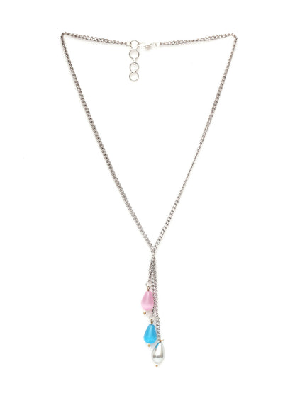 Long Silver Neckpiece with Multi Stones (silver) - Ruby Raang - Distacart