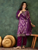 Thumbnail for The52 Women's Beautiful Embroidery Work Chinon silk Fabric Straight Kurta Pant and Dupatta Set - Distacart