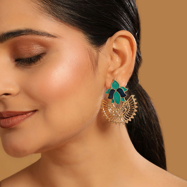 Nuyug 22K Gold Plated Turquoise Enamel Studded Indo-Western Floral Jali Statement Stud Earrings