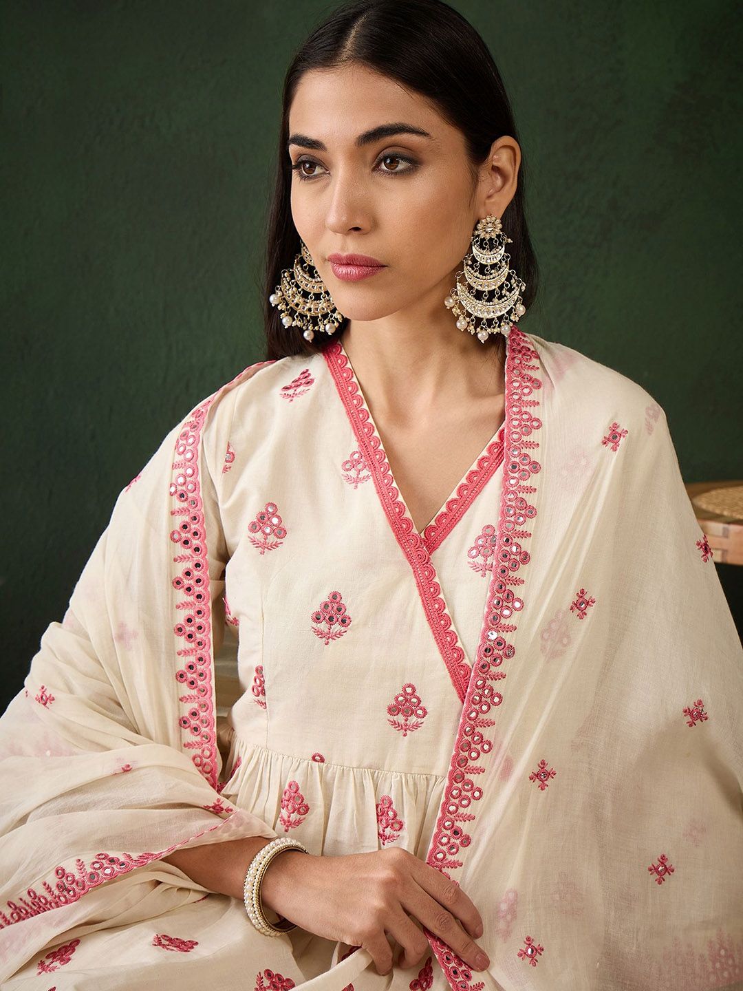 Sangria Off White Floral Embroidered Pure Cotton Mirror Work Kurta & Trouser With Dupatta - Distacart