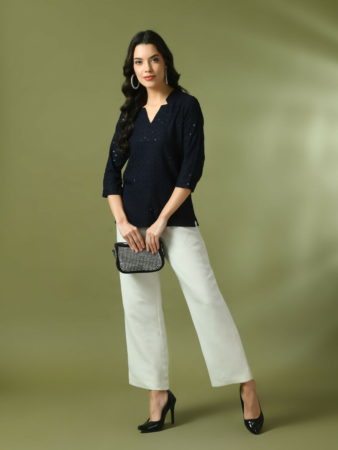 Myshka Women's Navy Blue Embellished Cotton Regular Party Tunic - Distacart