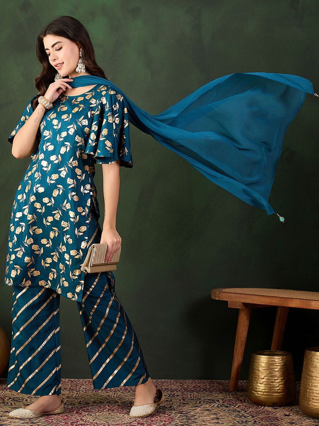 Sangria Embroidered Kurta & Palazzo With Dupatta - Distacart