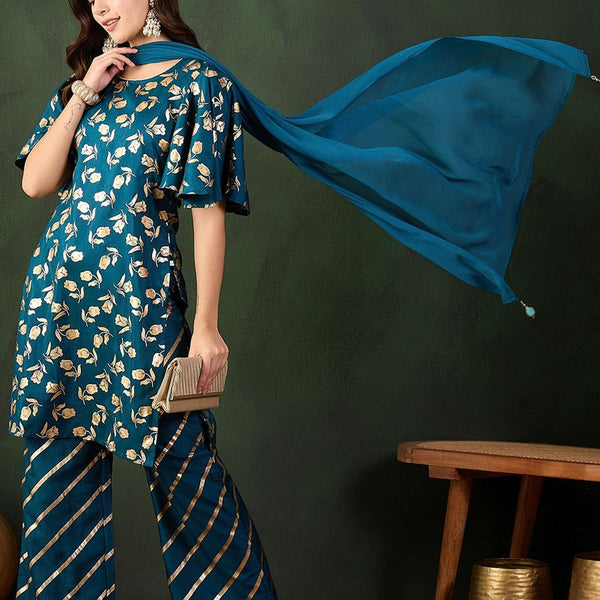 Sangria Embroidered Kurta & Palazzo With Dupatta - Distacart