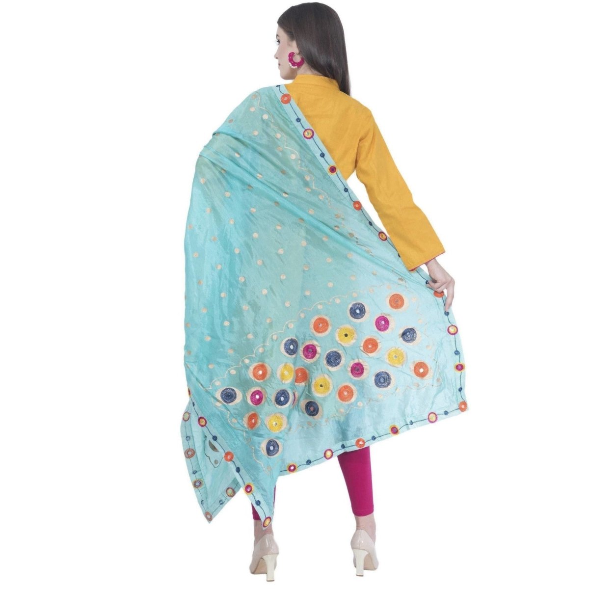 A R SILK Light Firozi Color Silk Multi Rasgulla Dupattas and Chunnis