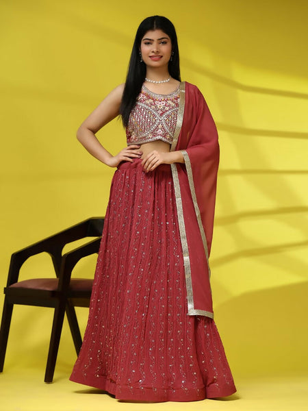 Red Georgette Embroidered Lehenga choli with Dupatta - Dhara - Distacart
