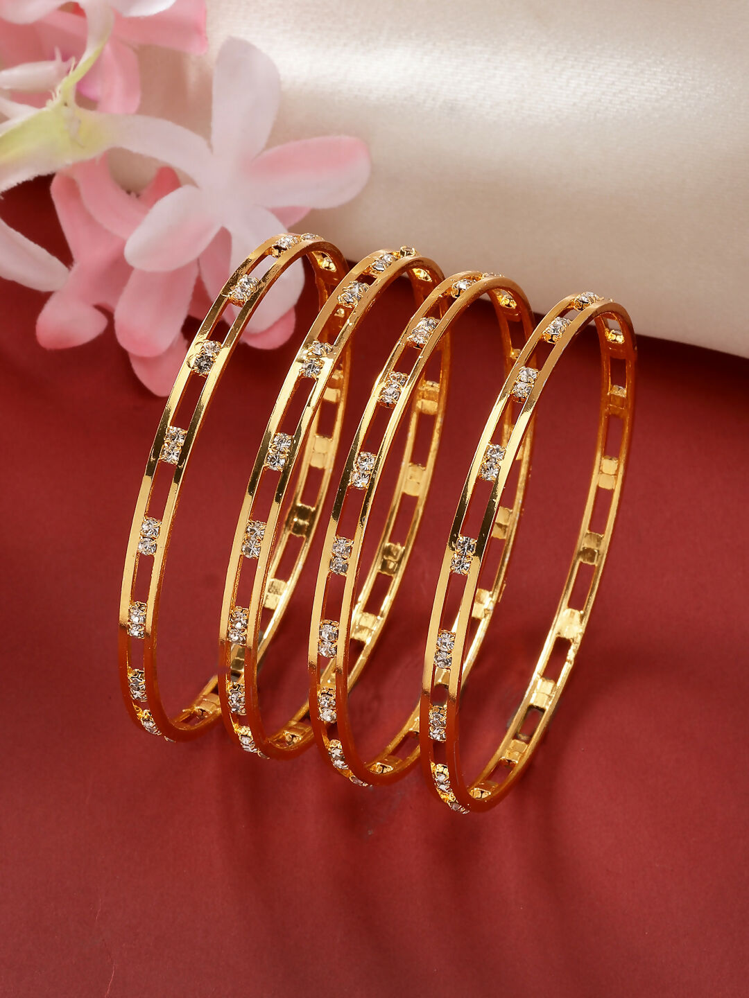 NVR Women's Set of 4 Gold-Polished CZ Stone-Studded Bangles - Distacart