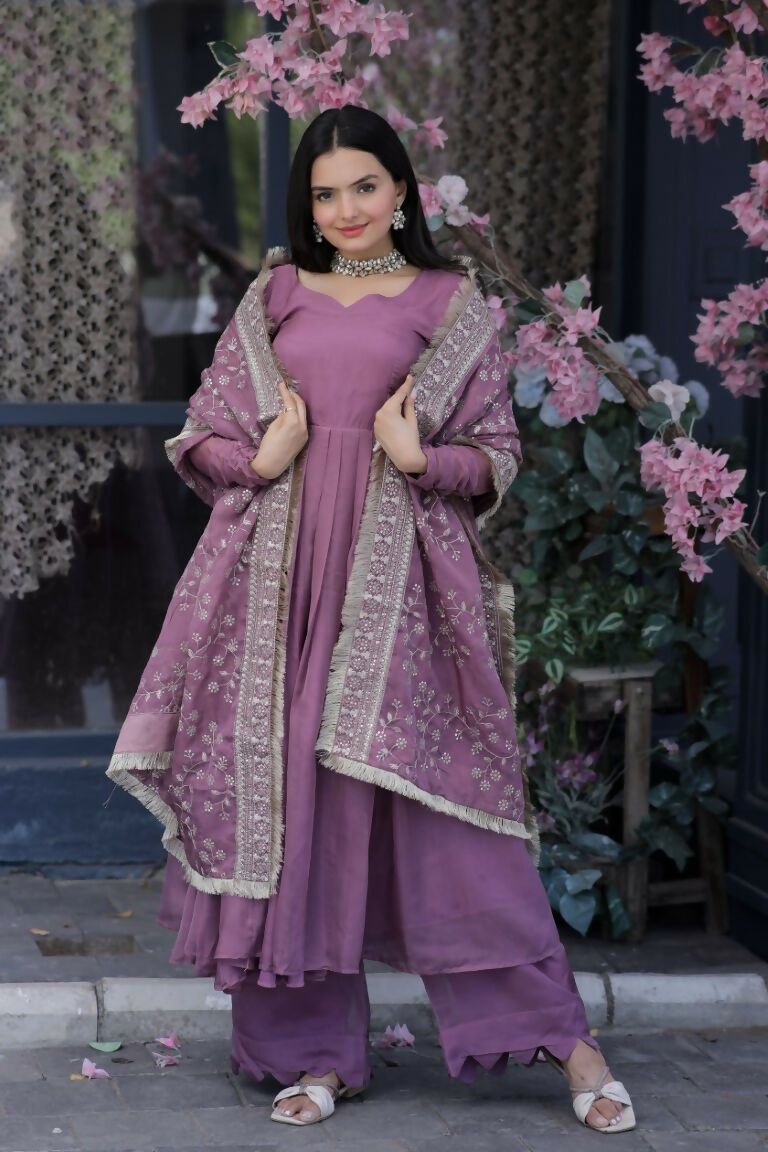 Jyoti Fashion Women's Onion Tabby Silk Designer Kurta with Trouser & Dupatta - Distacart