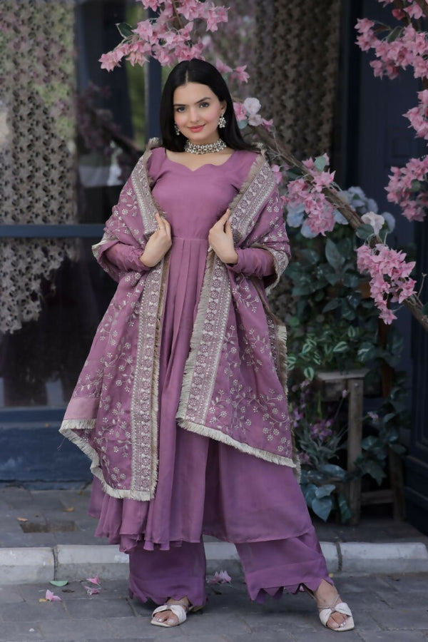Jyoti Fashion Women's Onion Tabby Silk Designer Kurta with Trouser & Dupatta - Distacart