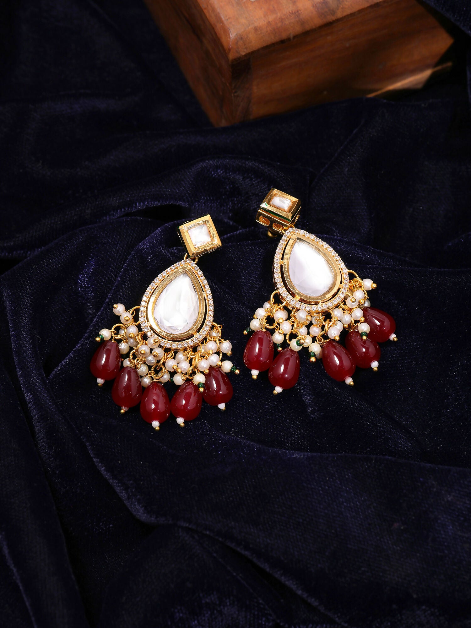 Ruby Raang Gold Polished Kundan Earrings With Maroon Stones