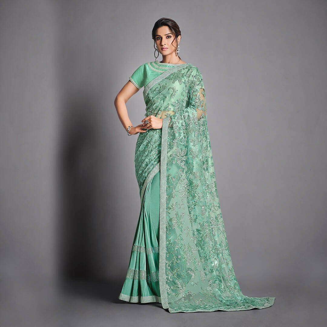 Aqua Green Lycra, Net Raw Silk Sequins Embroidery Saree - Norita Eileen - Distacart