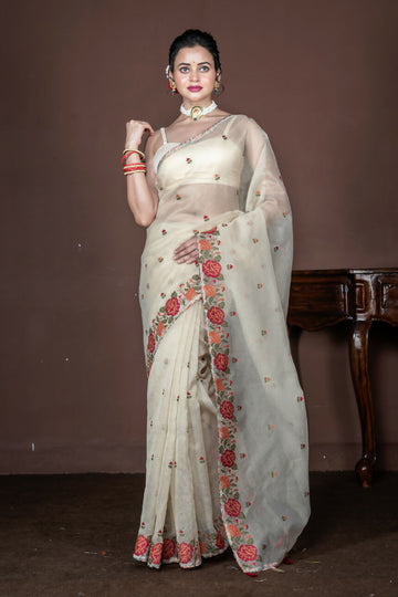 Morchari Beige Supernet Cross Embroidery Saree Unstitched Blouse - Distacart