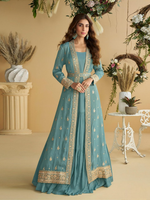 Thumbnail for Anaita Sky-Blue Chinon Silk Readymade Anarkali Shrug Gown with Belt & Embroidery Work - Distacart