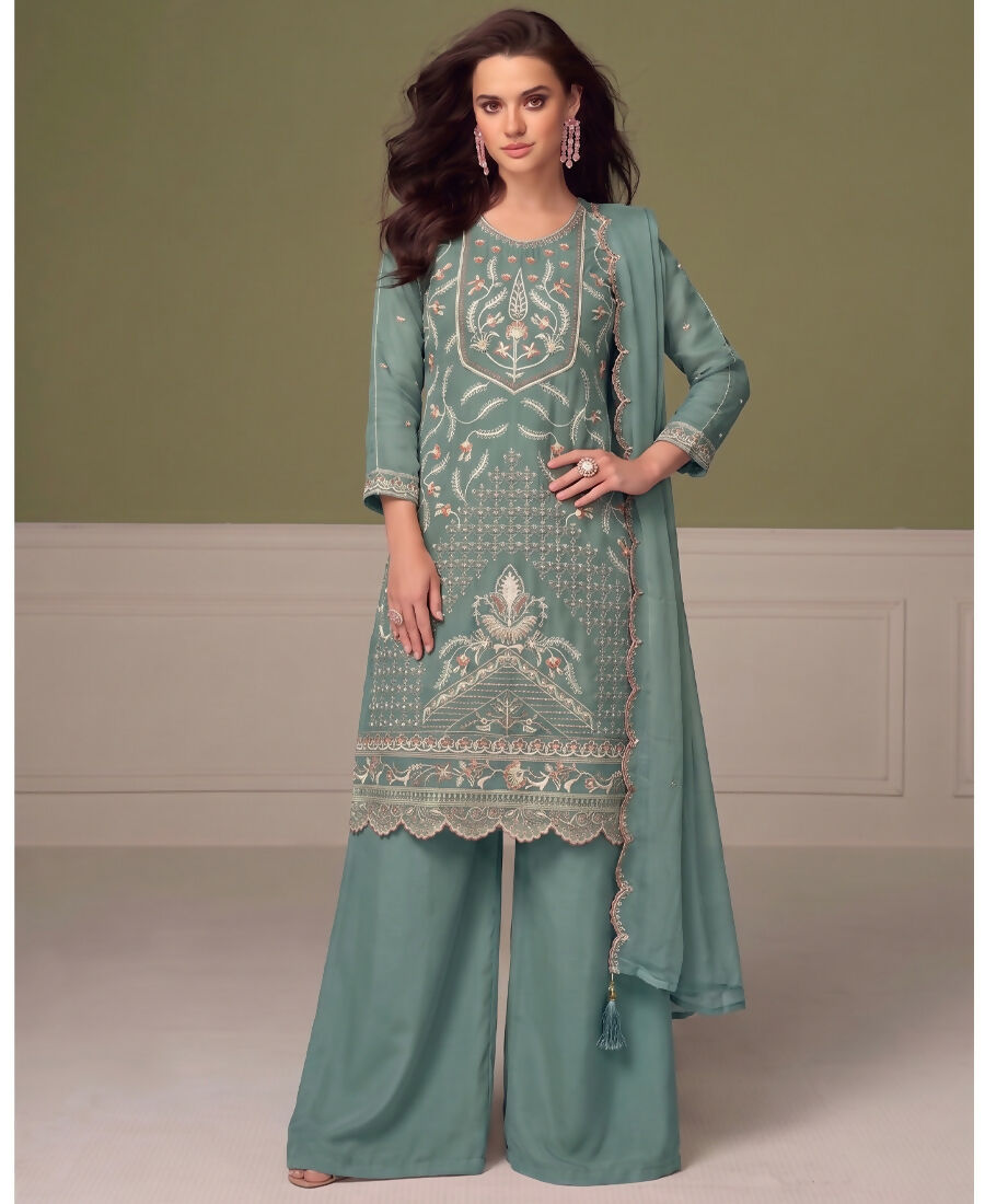 KC Beautiful Sky Blue Chiffon Silk Hand Embroidery Suit For Women - Dista