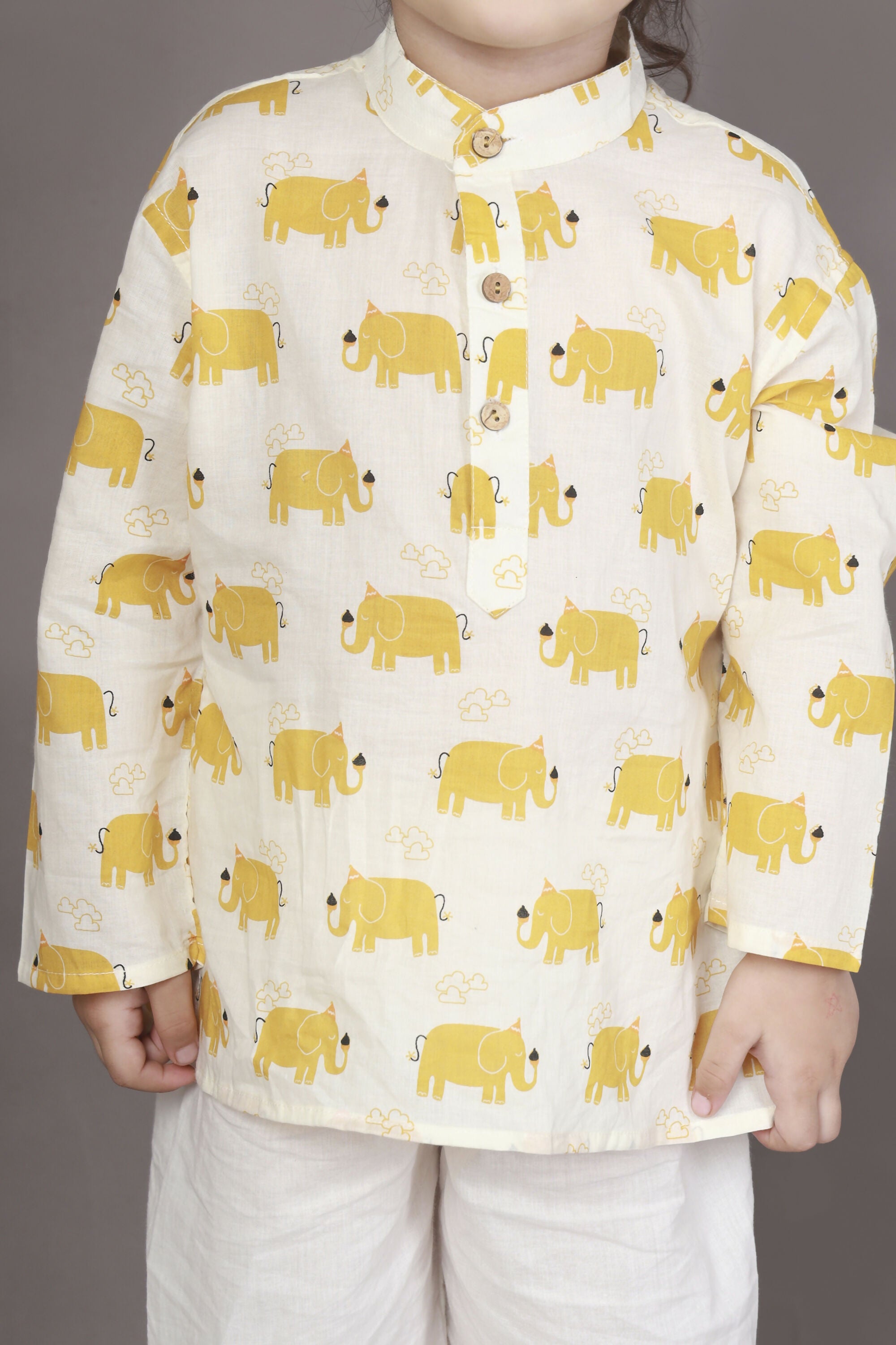 Breathables Kids Cotton Night Suit – Yellow Elephant Print Kurta & Pyjama Co-Ord Set For Boys & Girls - Dista