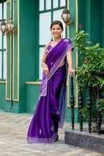 Thumbnail for Vastranavya Purple-Blue Embroidery Work Shimmer Chiffon Saree with Unstitched Blouse