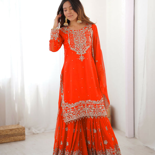 Lehenga Mart Designer Sharara Suit With Kurta, Sharara, Dupatta For Women-Orange - Distacart