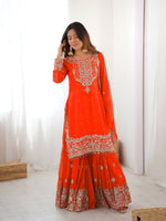 Thumbnail for Lehenga Mart Designer Sharara Suit With Kurta, Sharara, Dupatta For Women-Orange - Distacart