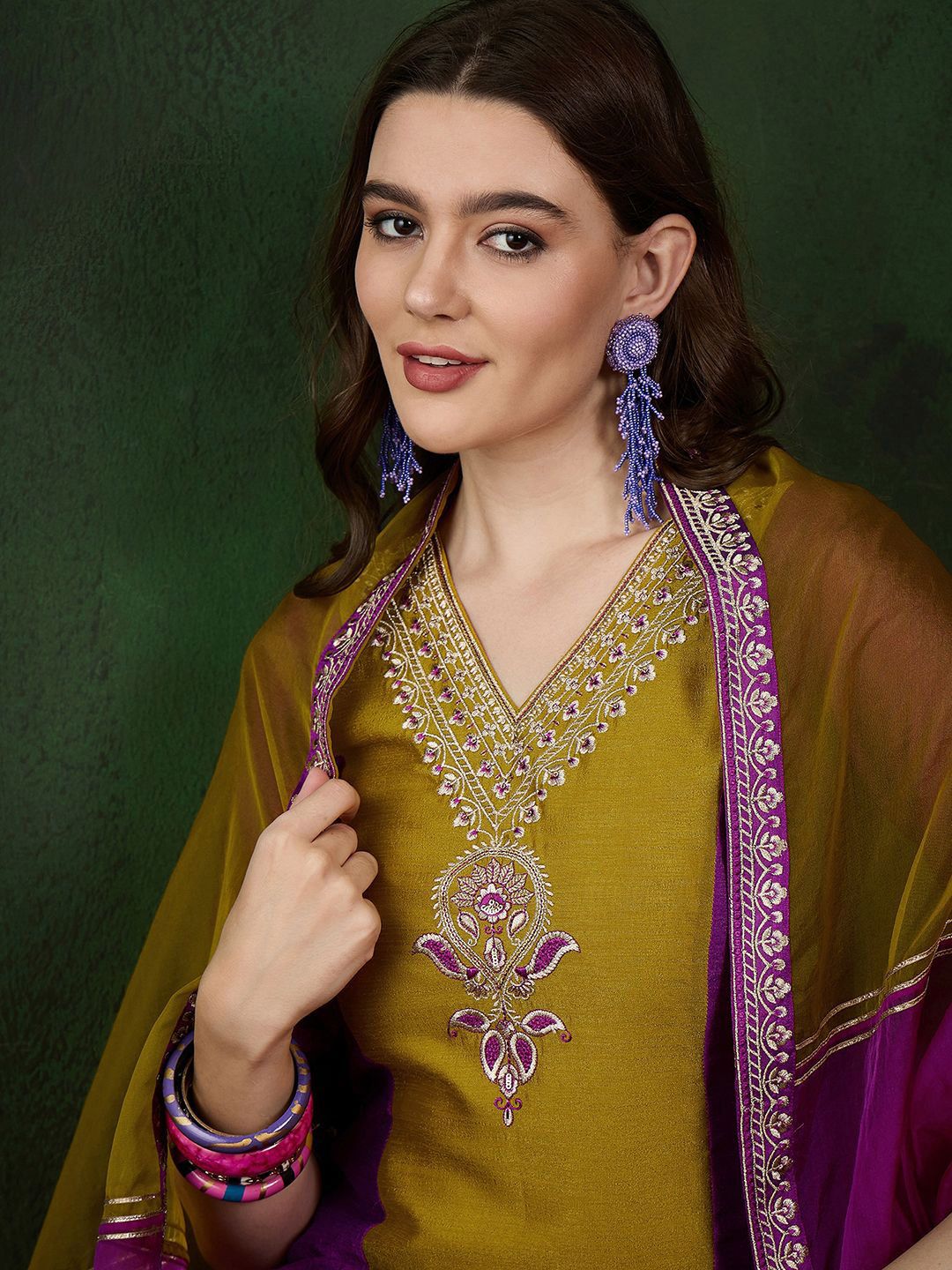 Sangria Embroidered Straight Kurta & Trousers With Dupatta - Distacart