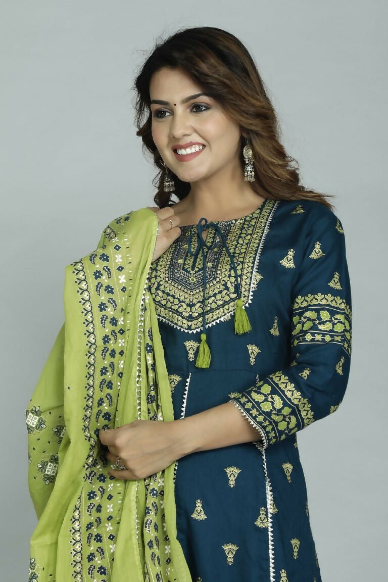 Alvano Women's Stylish Anarkali Kurti with Pant and Dupatta for Women and Girls (Teal) - Distacart