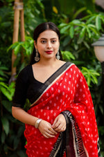 Thumbnail for Red Polycotton Ethnic Motifs Saree with Unstitched Blouse - A2M